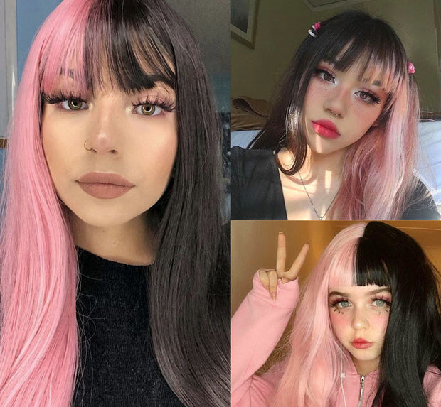 Wig Female European And American Fashion Long Straight Hair Yin Yang Gradient Black Powder Color Matching Long Hair Chemical Fiber Headdress Female