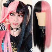 Wig Female European And American Fashion Long Straight Hair Yin Yang Gradient Black Powder Color Matching Long Hair Chemical Fiber Headdress Female