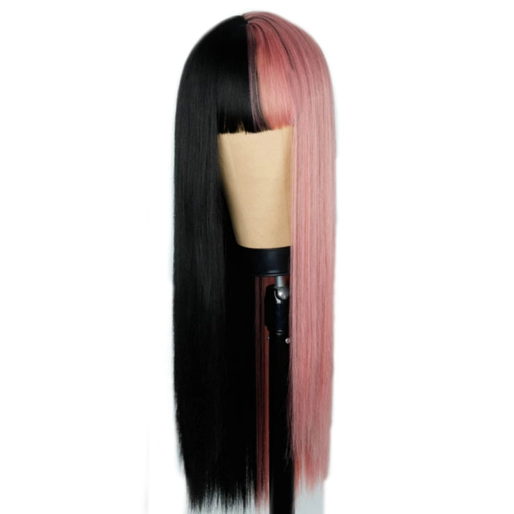 Wig Female European And American Fashion Long Straight Hair Yin Yang Gradient Black Powder Color Matching Long Hair Chemical Fiber Headdress Female