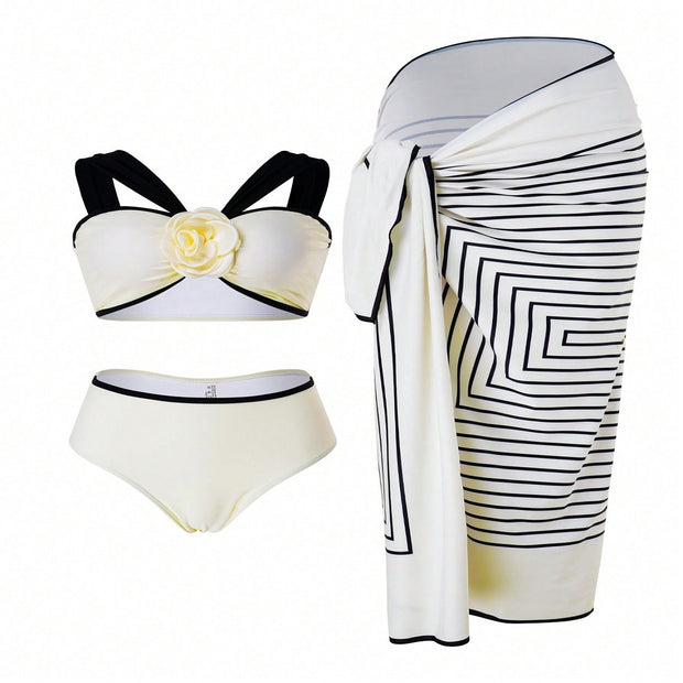 Pattern Swimsuit Bikini Swimsuit With Shoulder Straps Black And White