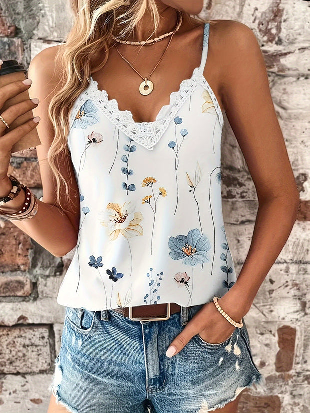 Women's European And American Style Lace Printed Lace V-neck Pullover Strap