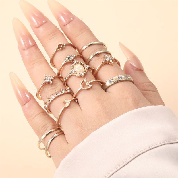 Vintage Opal Rhinestone Star Moon 13 Pieces Set Rings