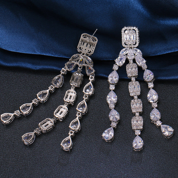 Fashion Tassel Silver-plated Ear Studs Geometric Zircon