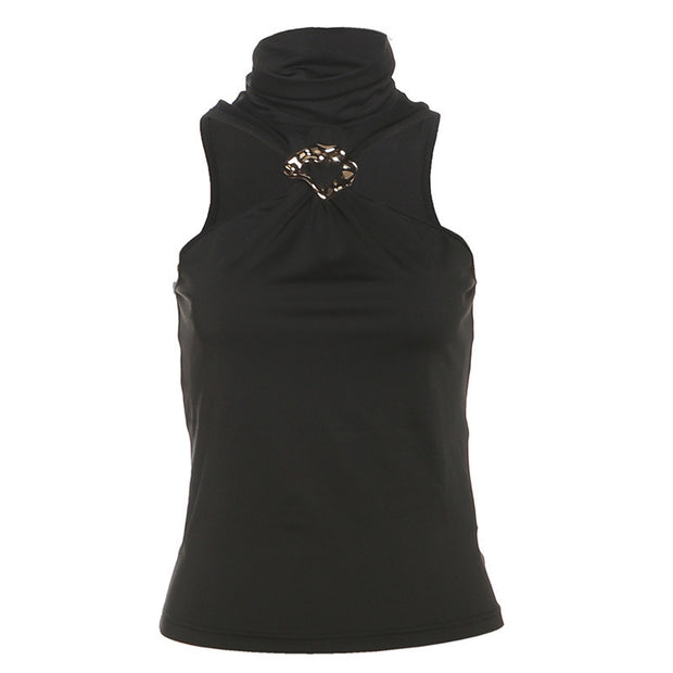 Women's Metal Decorative Turtleneck Slim Vest