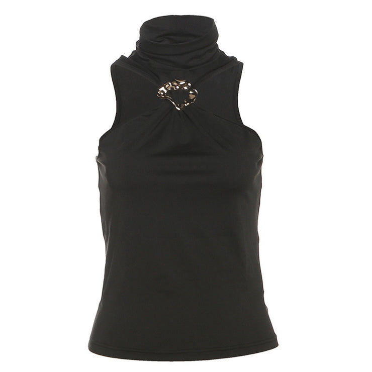 Women's Metal Decorative Turtleneck Slim Vest