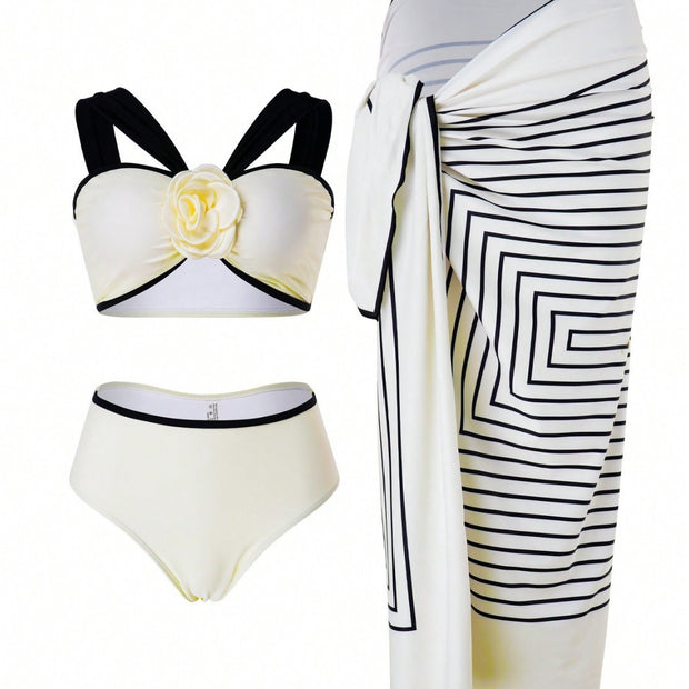Pattern Swimsuit Bikini Swimsuit With Shoulder Straps Black And White