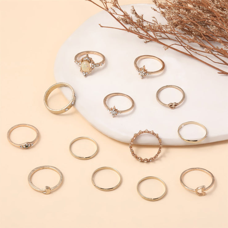 Vintage Opal Rhinestone Star Moon 13 Pieces Set Rings