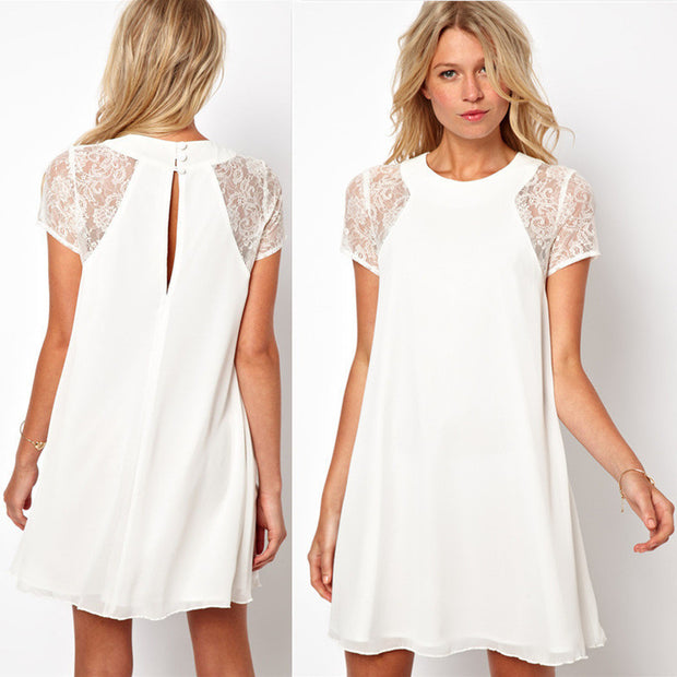 622 Summer European And American Sleeves Lace Stitching Snow White Elegant Back Slit Dress