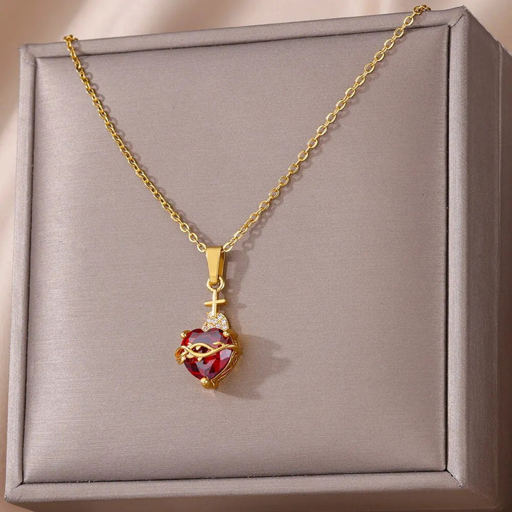 New Heart-shaped Cross Zircon Necklace Red Pendant Female Personality