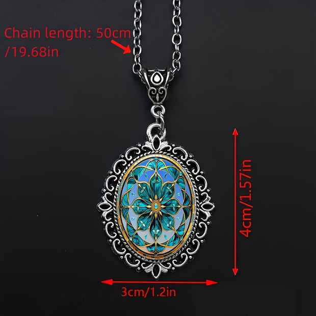 Vintage Fashion Floral Pattern Oval Pendant Necklace
