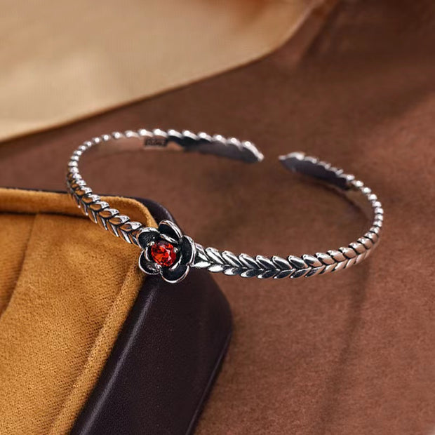 Retro 925 Thai Silver Red Zirconium Plum Flower Bracelet