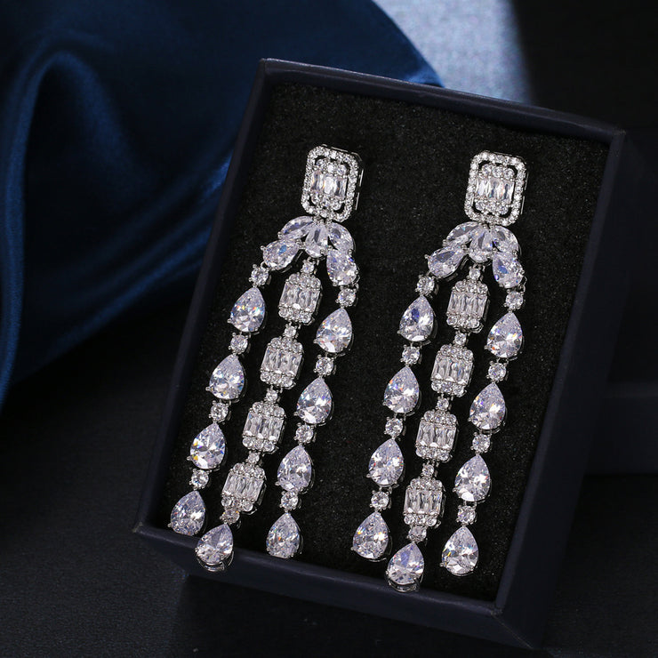 Fashion Tassel Silver-plated Ear Studs Geometric Zircon