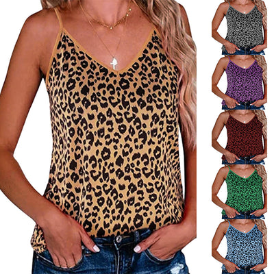 Leopard Print Printed V-neck Sling Loose Top For Women