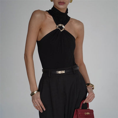 Women's Metal Decorative Turtleneck Slim Vest