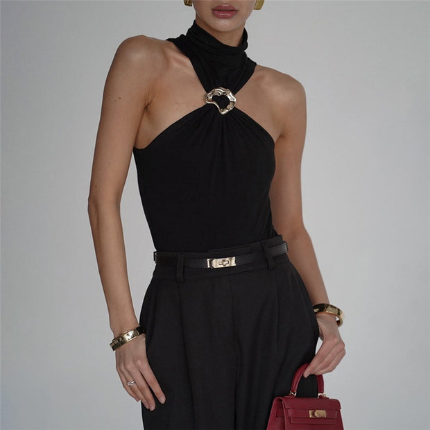 Women's Metal Decorative Turtleneck Slim Vest
