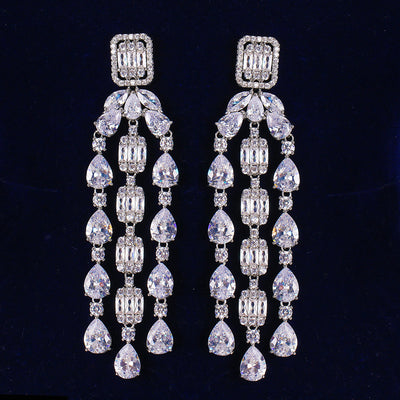 Fashion Tassel Silver-plated Ear Studs Geometric Zircon