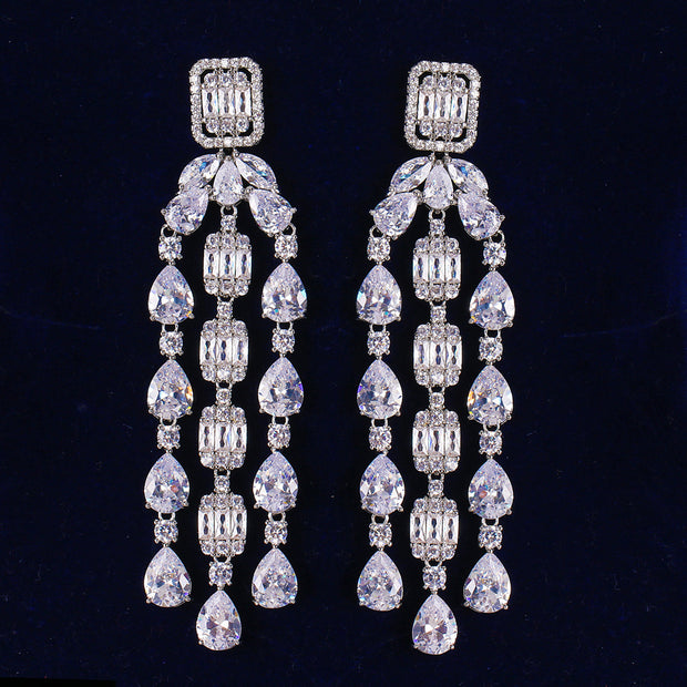 Fashion Tassel Silver-plated Ear Studs Geometric Zircon