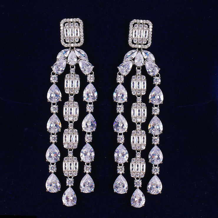 Fashion Tassel Silver-plated Ear Studs Geometric Zircon