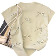Gentle Pink Bow Short-sleeved Sweater Women's Summer Design Pleated Slim Fit Flying Sleeve Chic Top