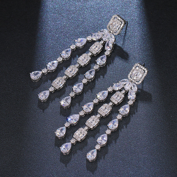 Fashion Tassel Silver-plated Ear Studs Geometric Zircon