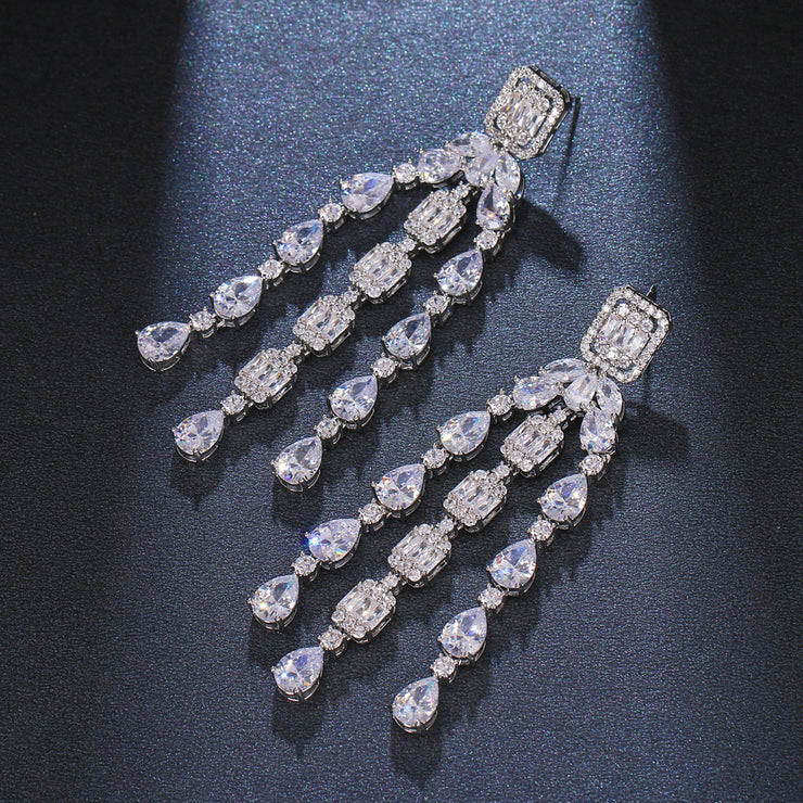 Fashion Tassel Silver-plated Ear Studs Geometric Zircon